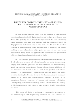 Brazilian Postcoloniality and South- South Cooperation: a View from Anthropology