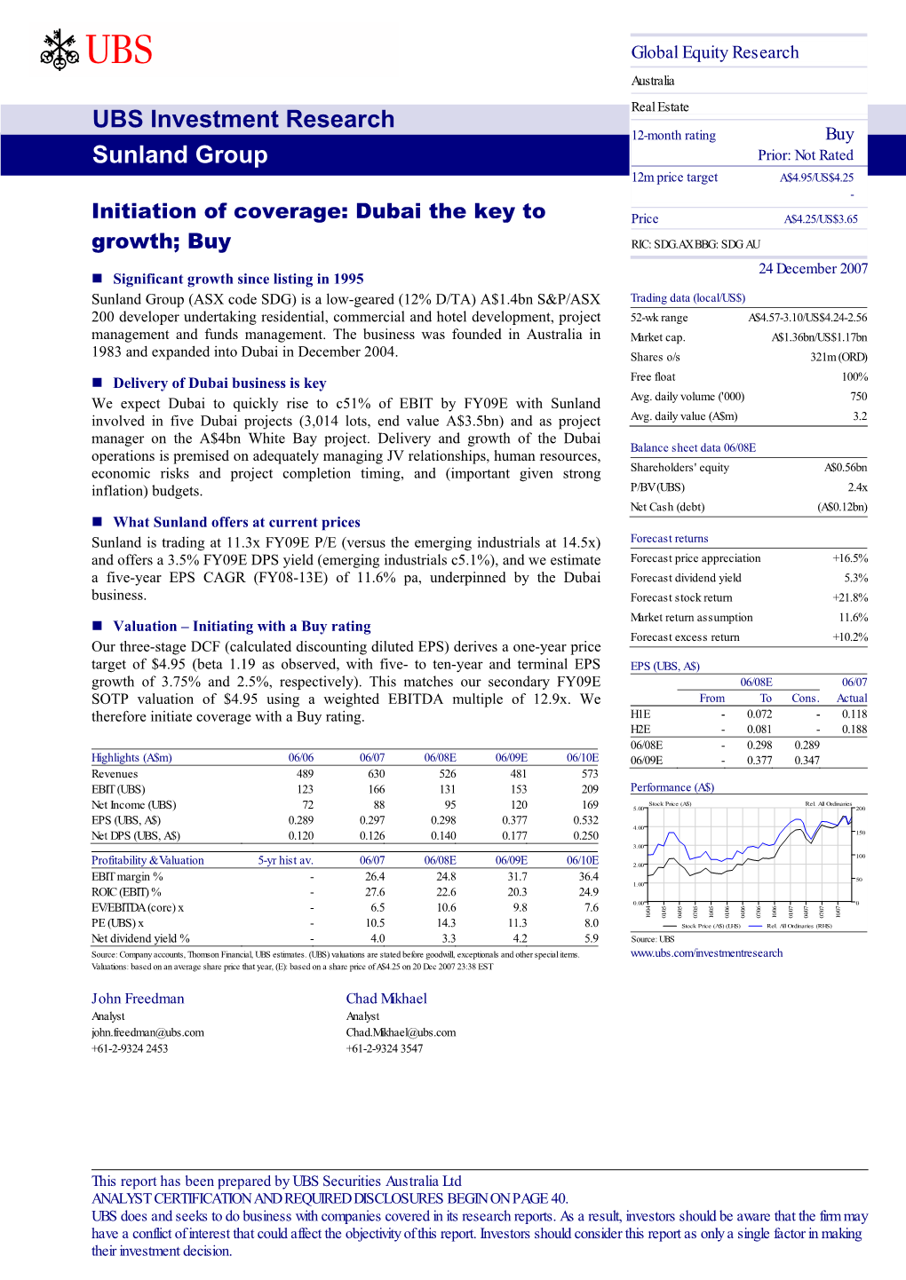 UBS Investment Research Sunland Group