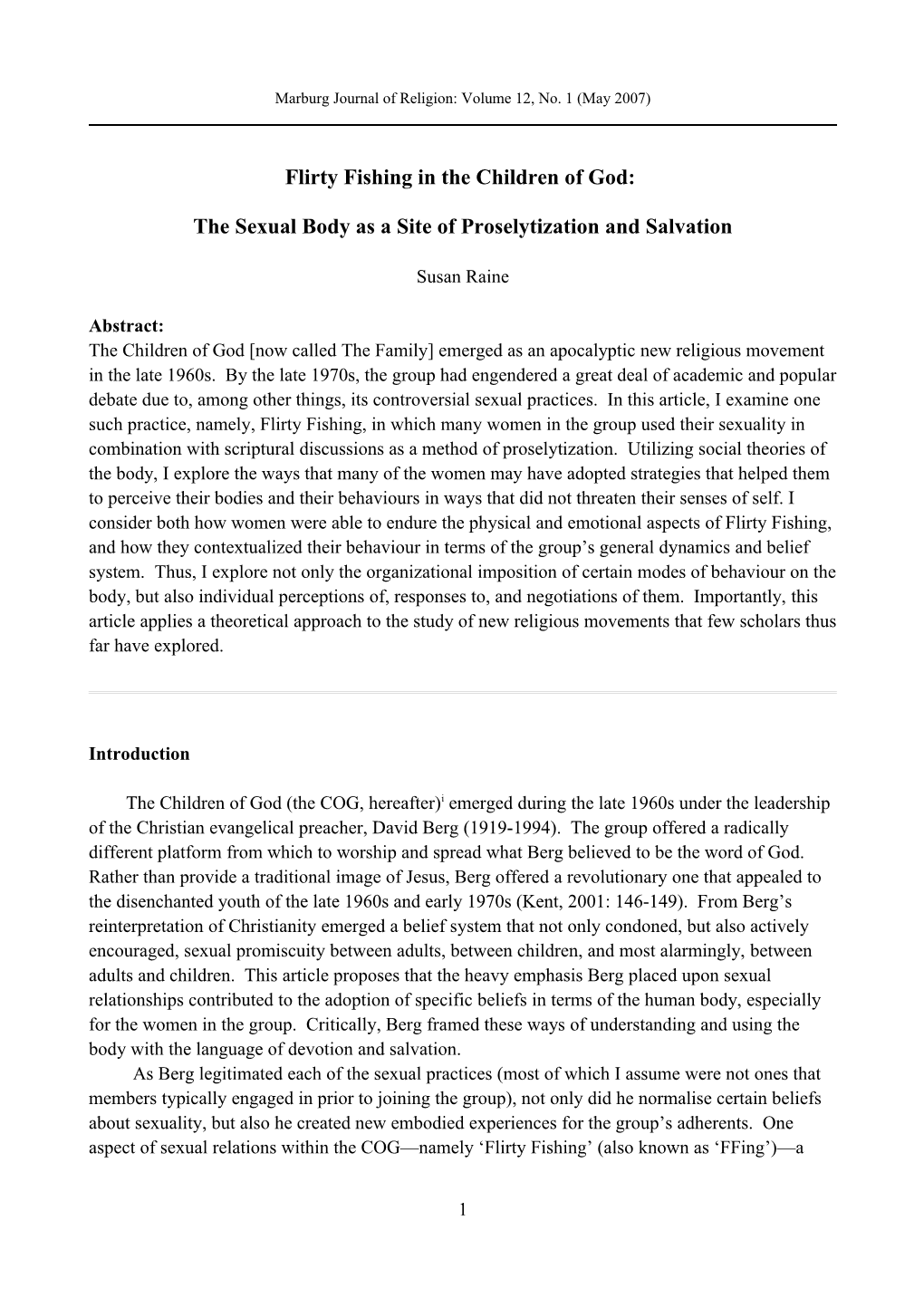 Flirty Fishing in the Children of God: the Sexual Body As a Site of Proselytization and Salvation