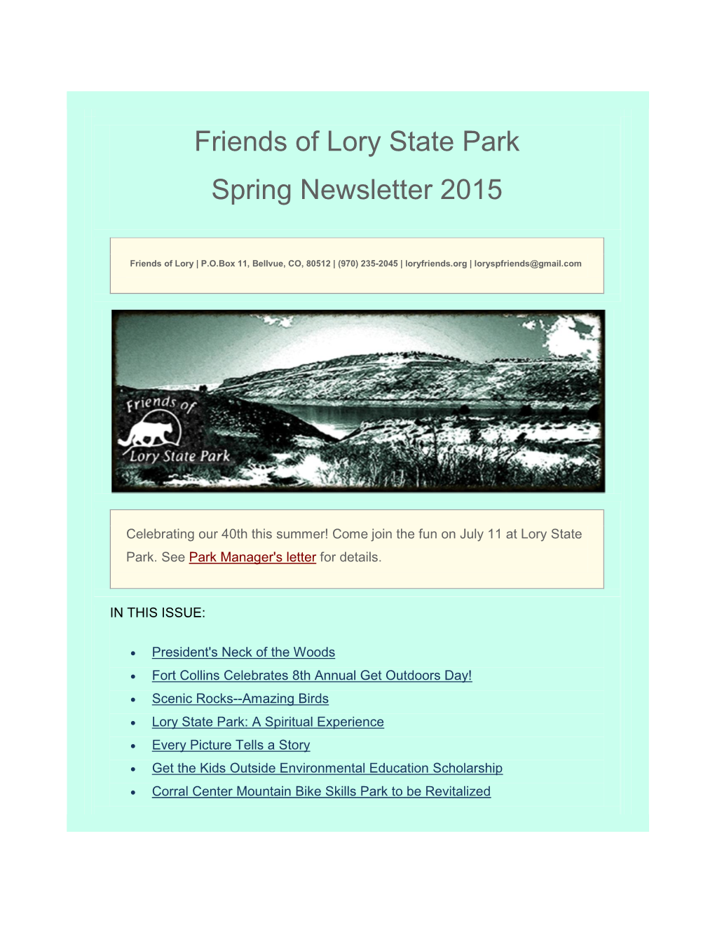 Friends of Lory State Park Spring Newsletter 2015