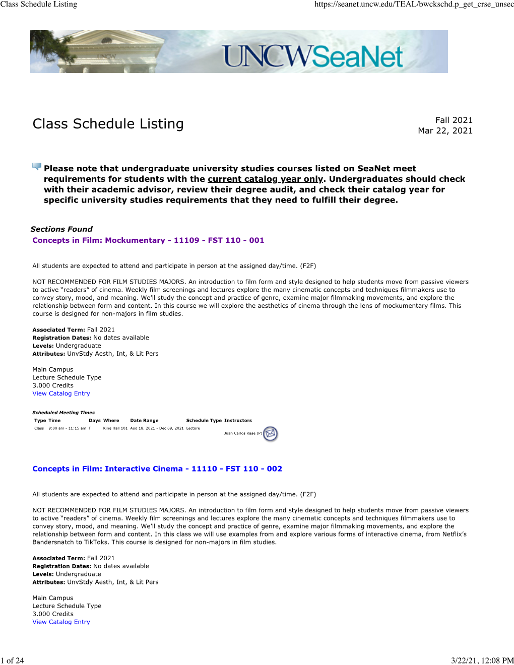 Class Schedule Listing