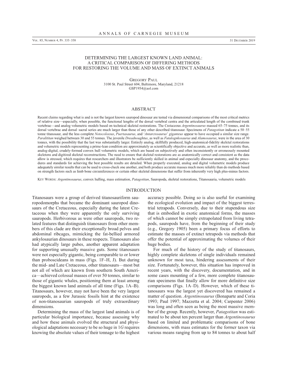 Determining the Largest Known Land Animal: a Critical Comparison of Differing Methods for Restoring the Volume and Mass of Extinct Animals