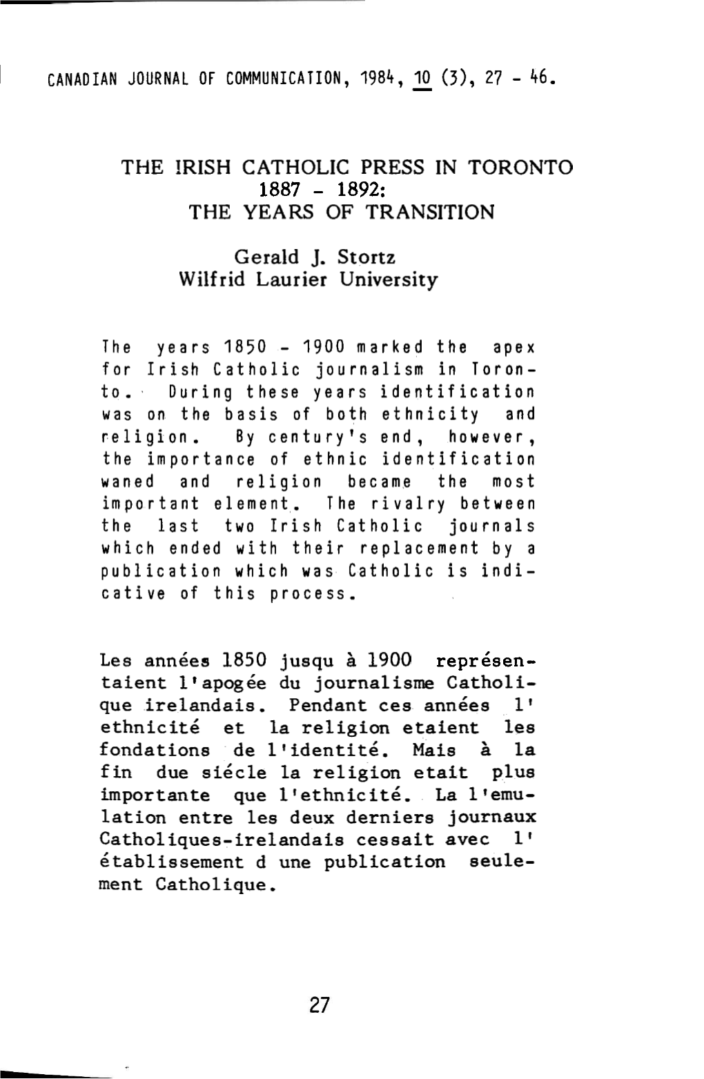 Rish Catholic Press in Toronto 1887 - 1892: the Years of Transition