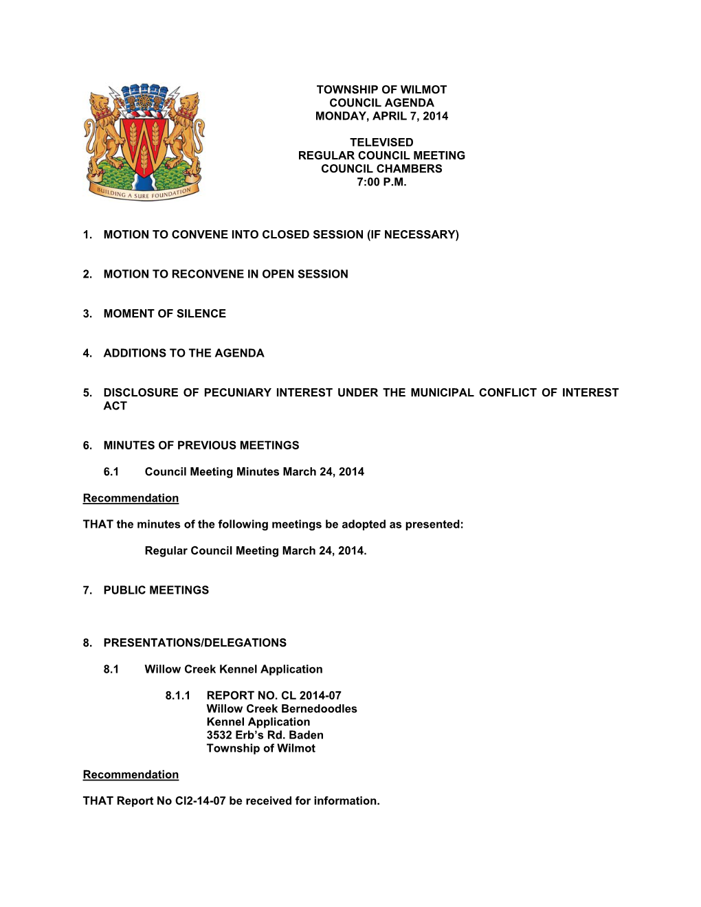 Township of Wilmot Council Agenda Monday, April 7, 2014