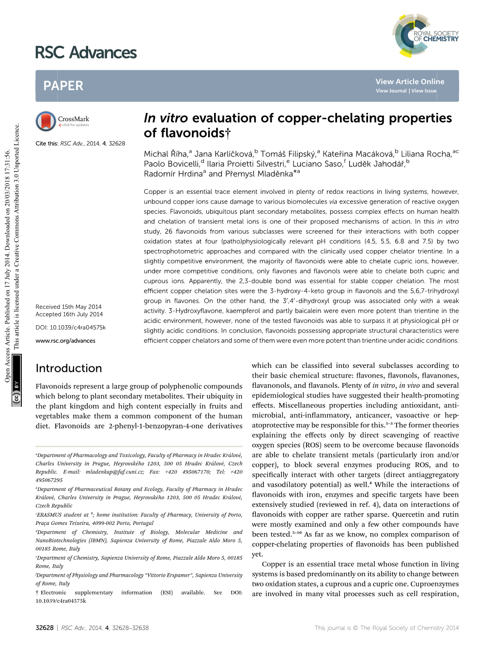 In Vitro Evaluation of Copper-Chelating Properties of Flavonoids