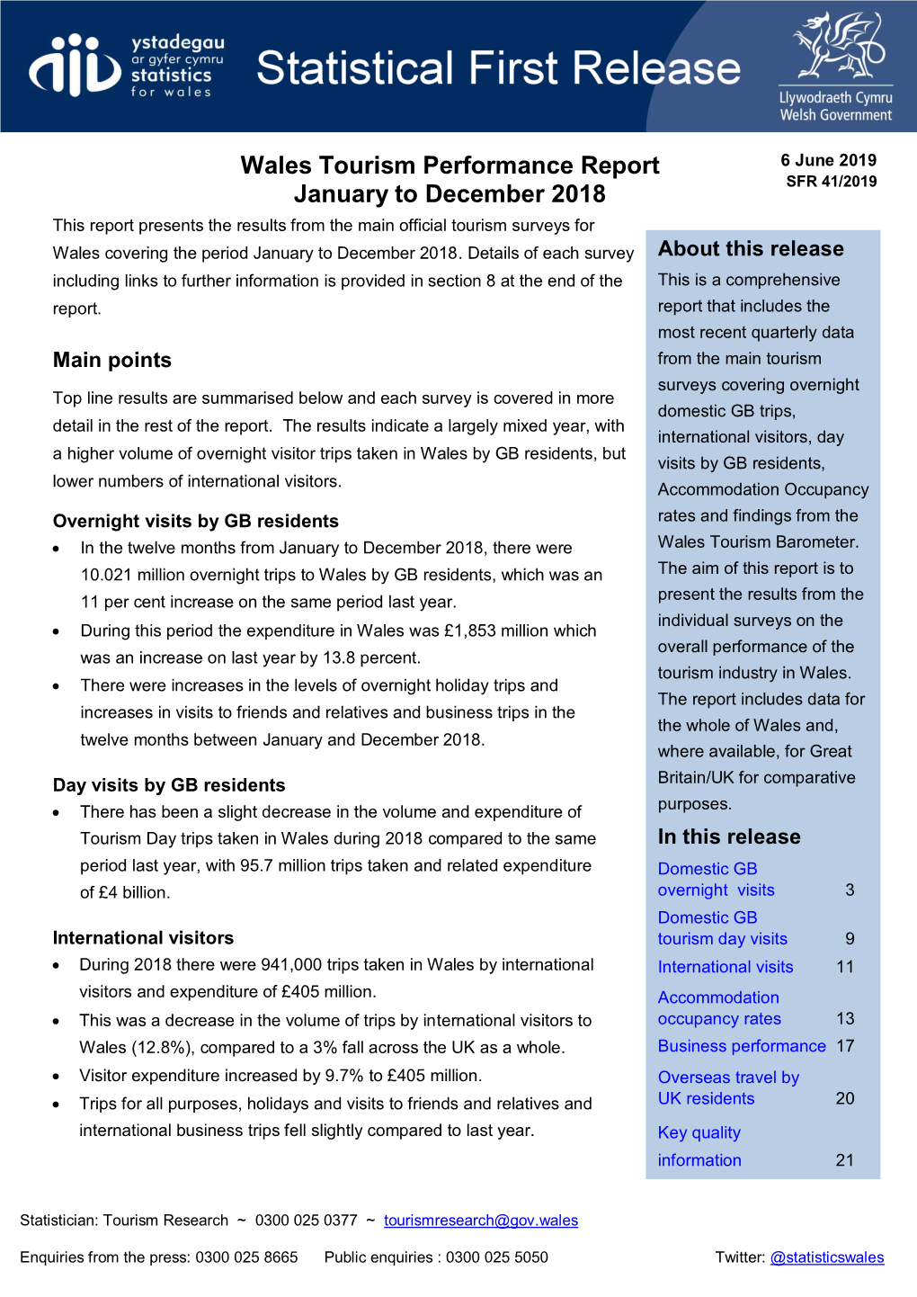 Wales Tourism Performance Report, January to December 2018