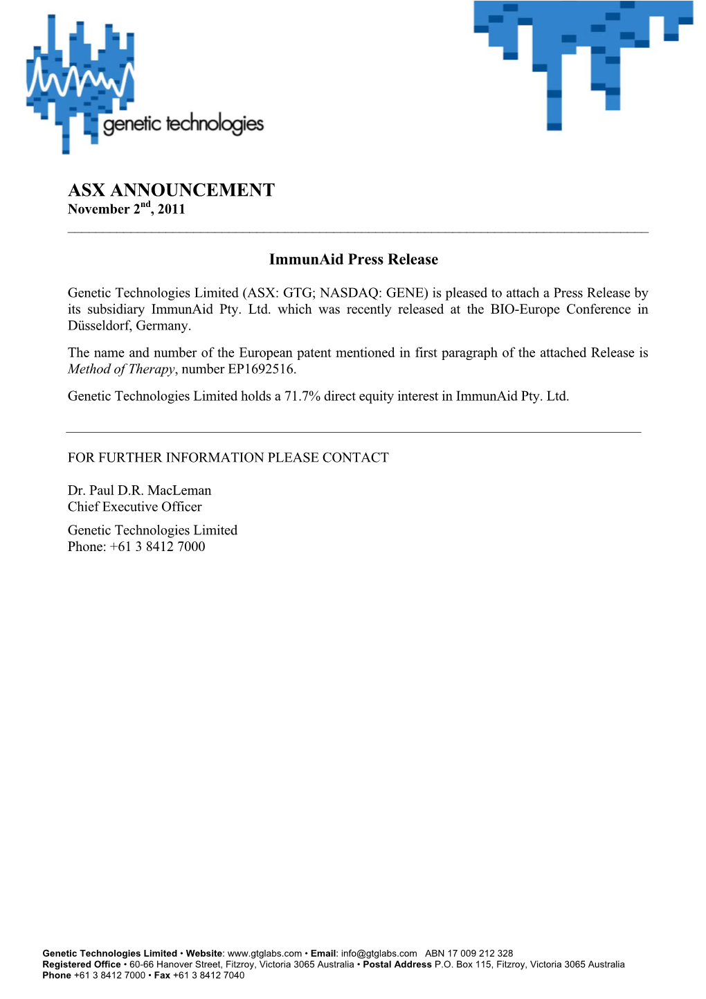 ASX ANNOUNCEMENT November 2Nd, 2011 ______