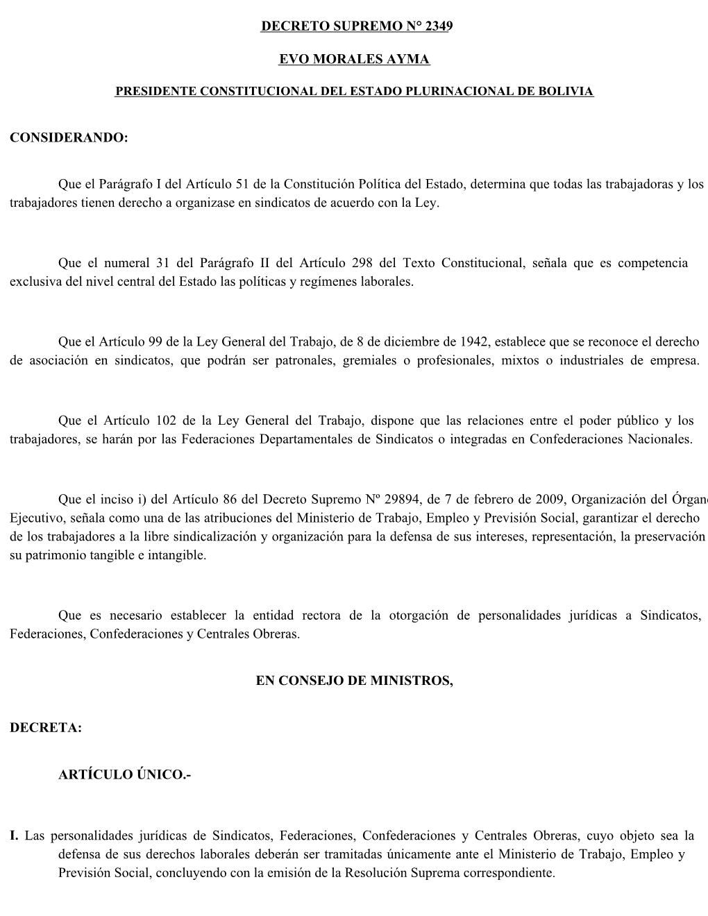 Decreto Supremo N° 2349 Evo Morales Ayma