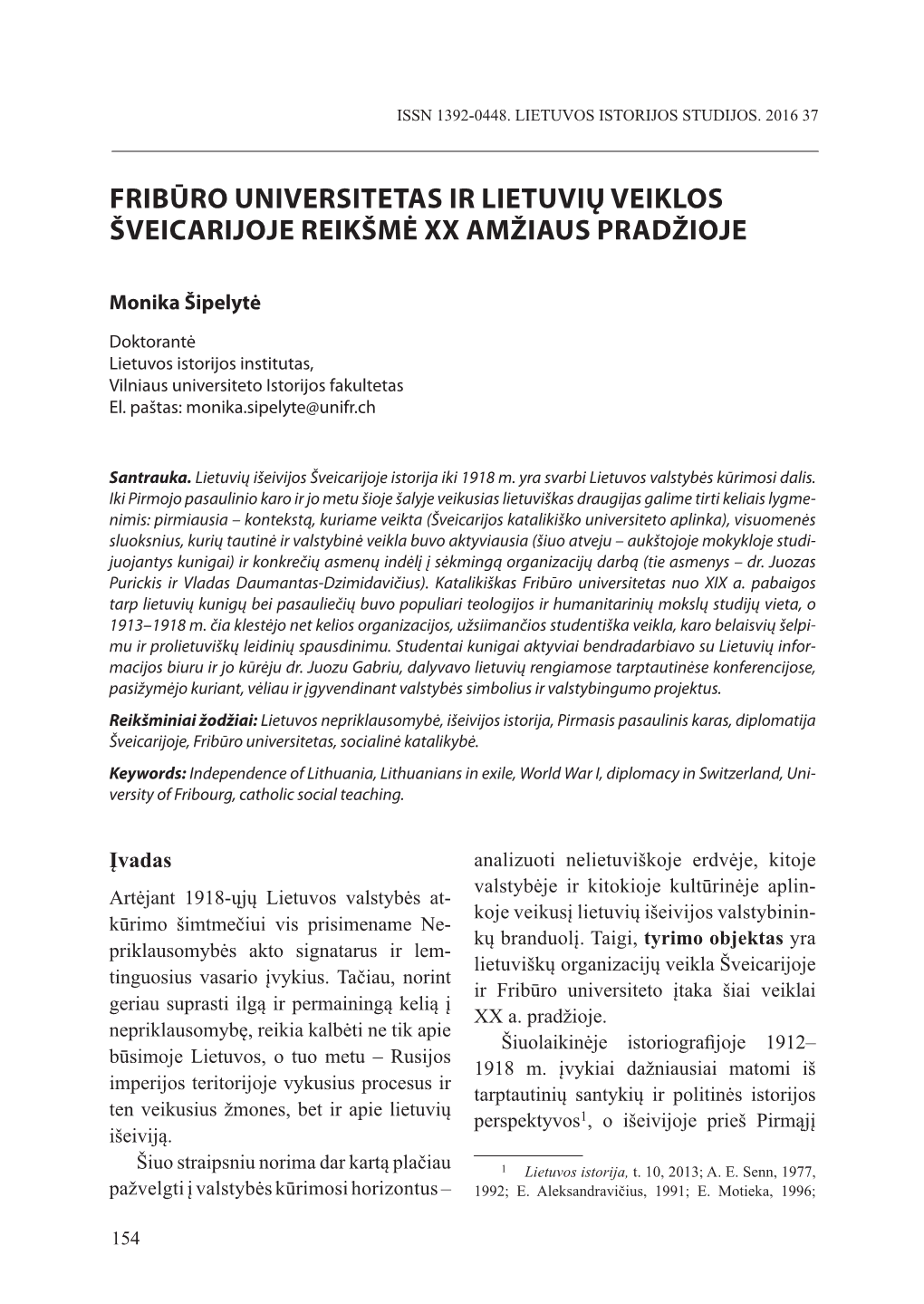 Fribūro Universitetas Ir Lietuvių Veiklos Šveicarijoje Reikšmė Xx Amžiaus Pradžioje