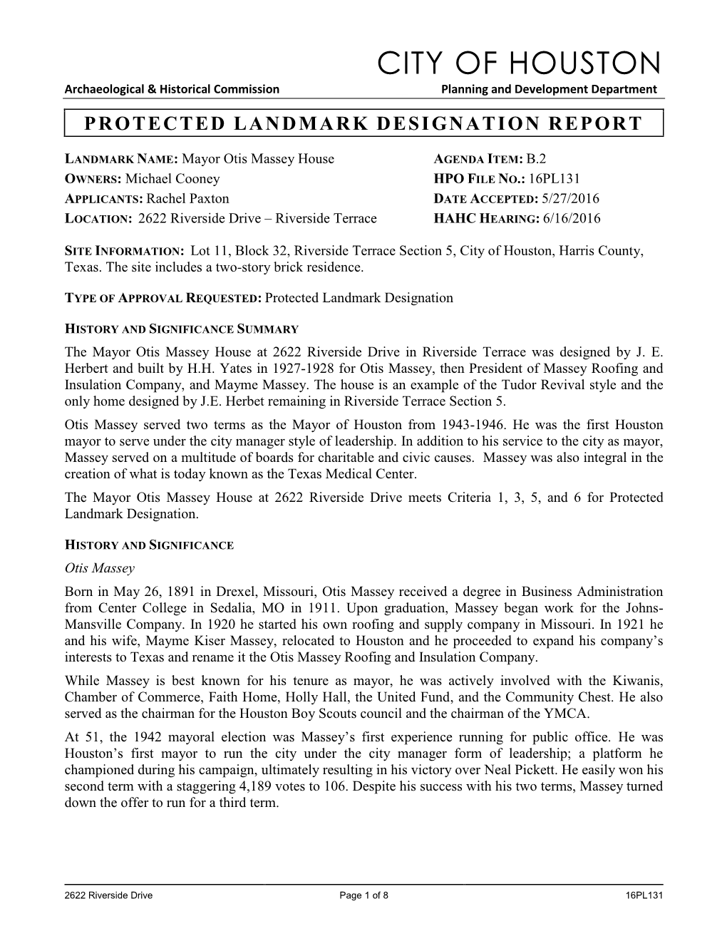 Protected Landmark Designation Report