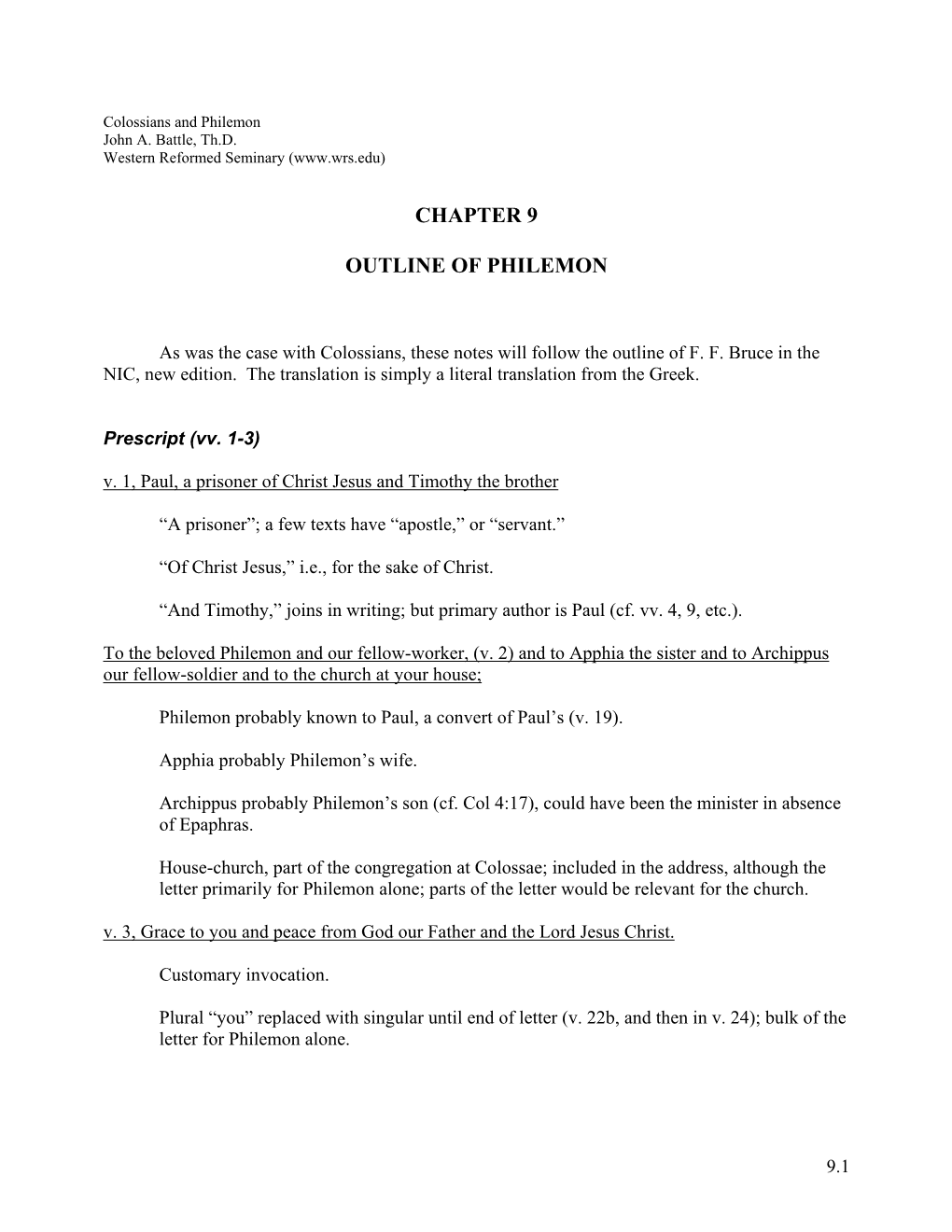 Chapter 9 Outline of Philemon