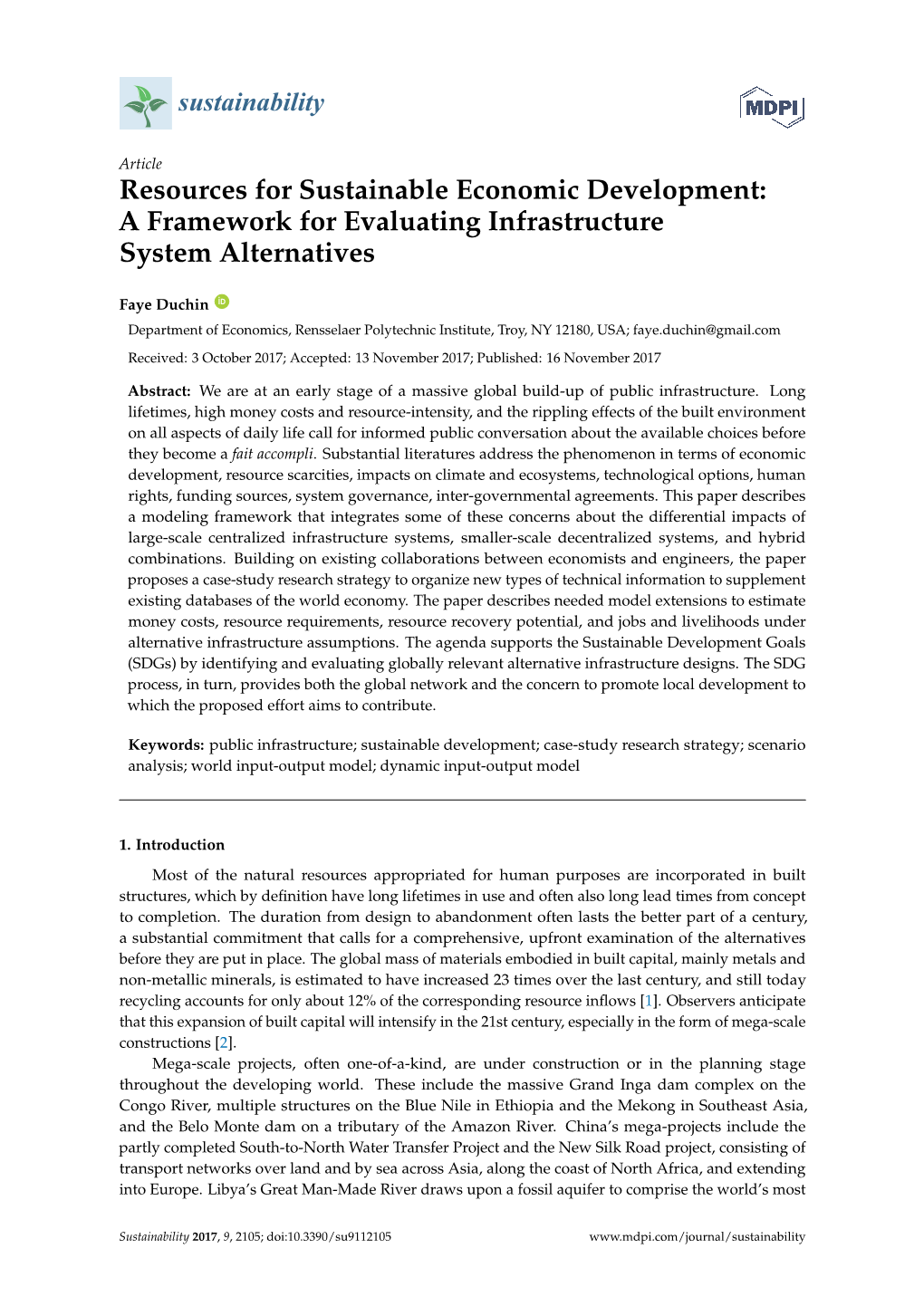 Resources for Sustainable Economic Development: a Framework for Evaluating Infrastructure System Alternatives