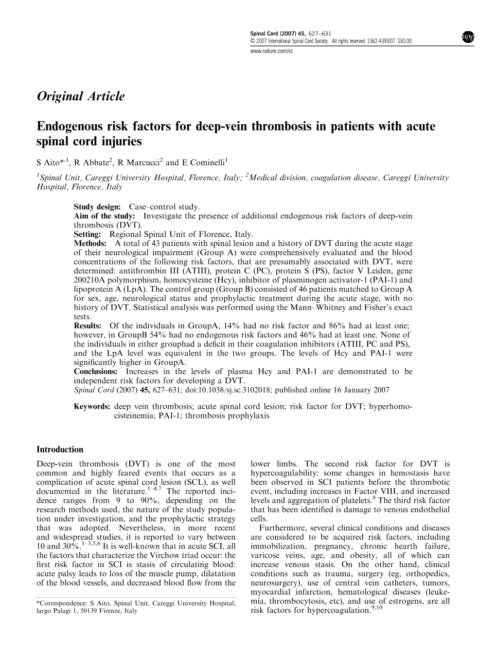 Original Article Endogenous Risk Factors for Deep-Vein Thrombosis in Patients with Acute Spinal Cord Injuries