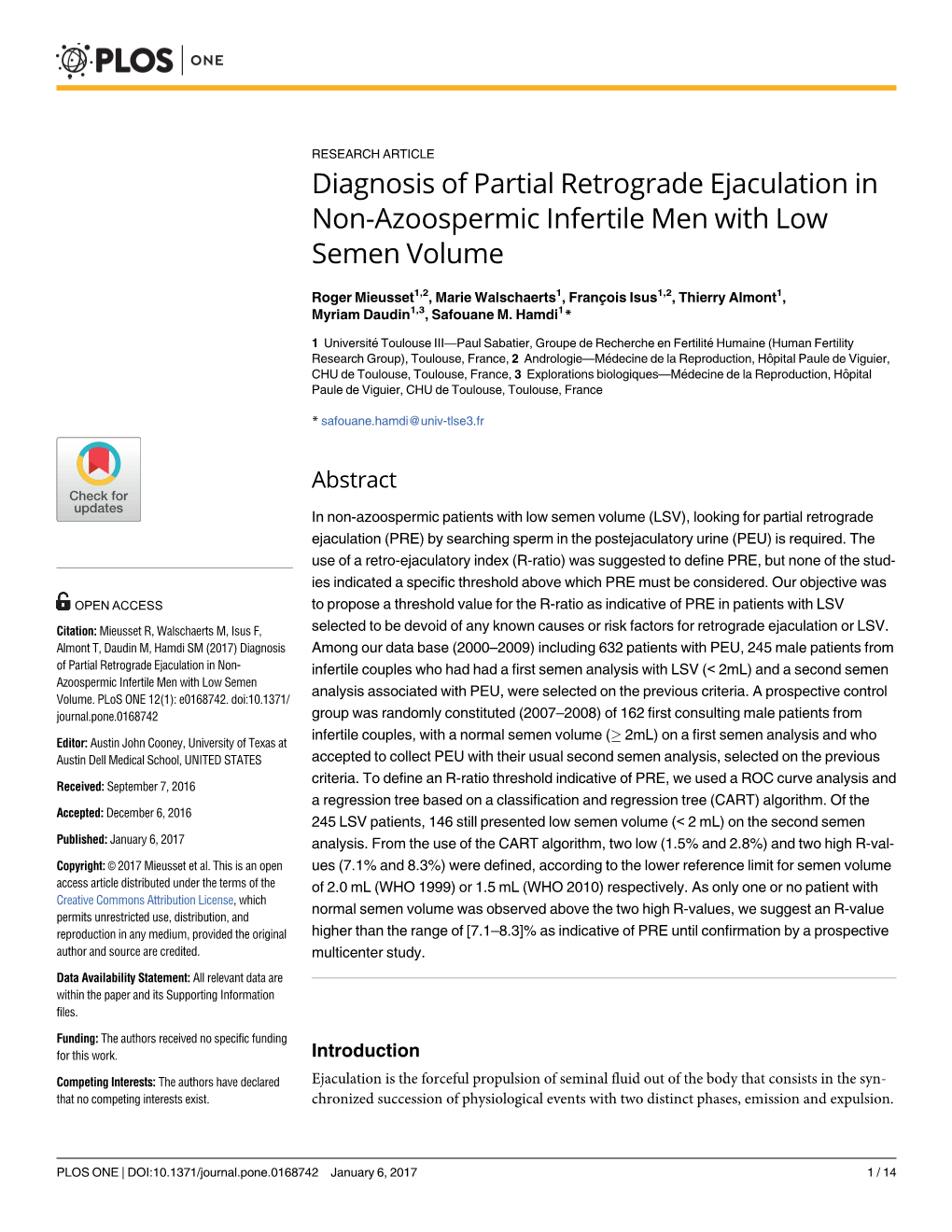 Diagnosis of Partial Retrograde Ejaculation in Non-Azoospermic Infertile Men with Low Semen Volume