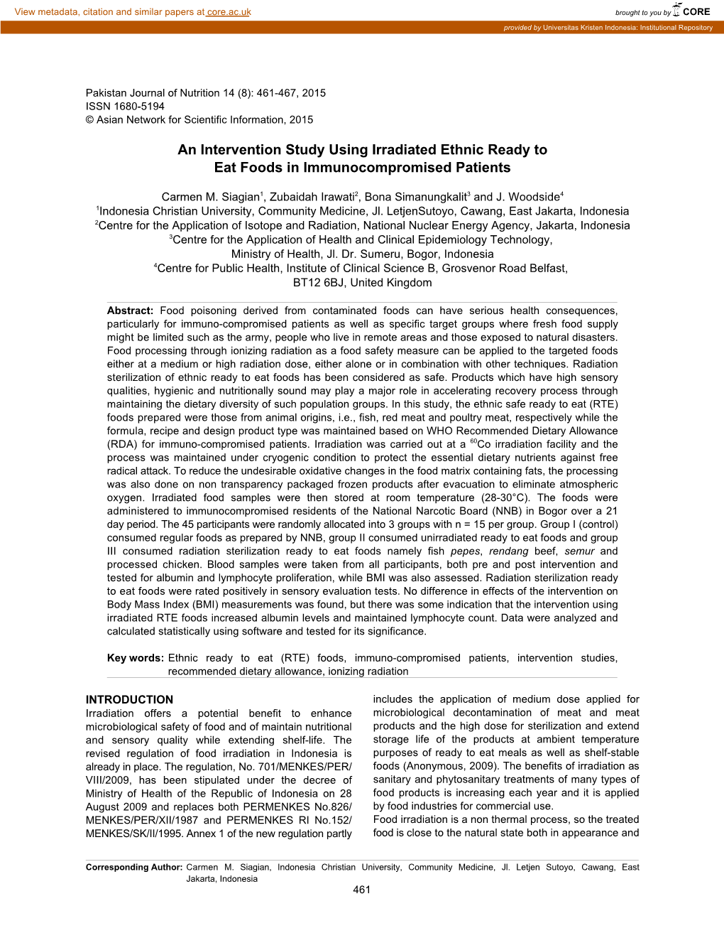 An Intervention Study Using Irradiated Ethnic Ready to Eat Foods in Immunocompromised Patients