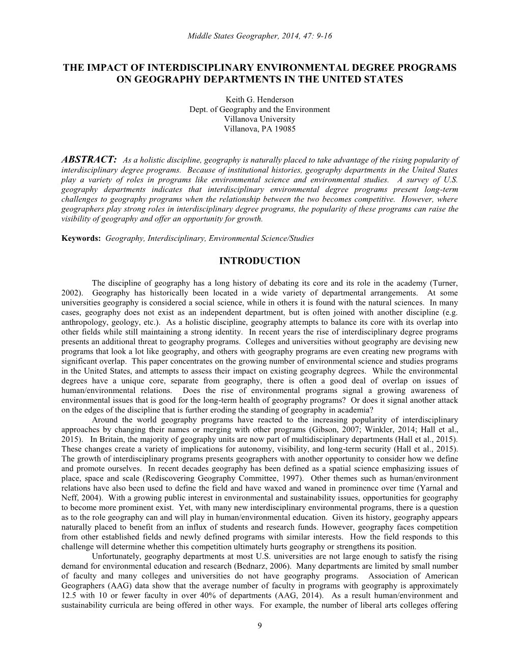 The Impact of Interdisciplinary Environmental Degree Programs on Geography Departments in the United States