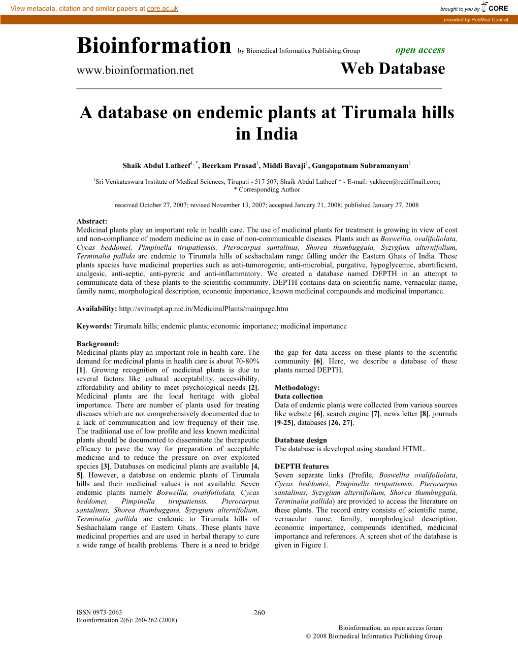 A Database on Endemic Plants at Tirumala Hills in India