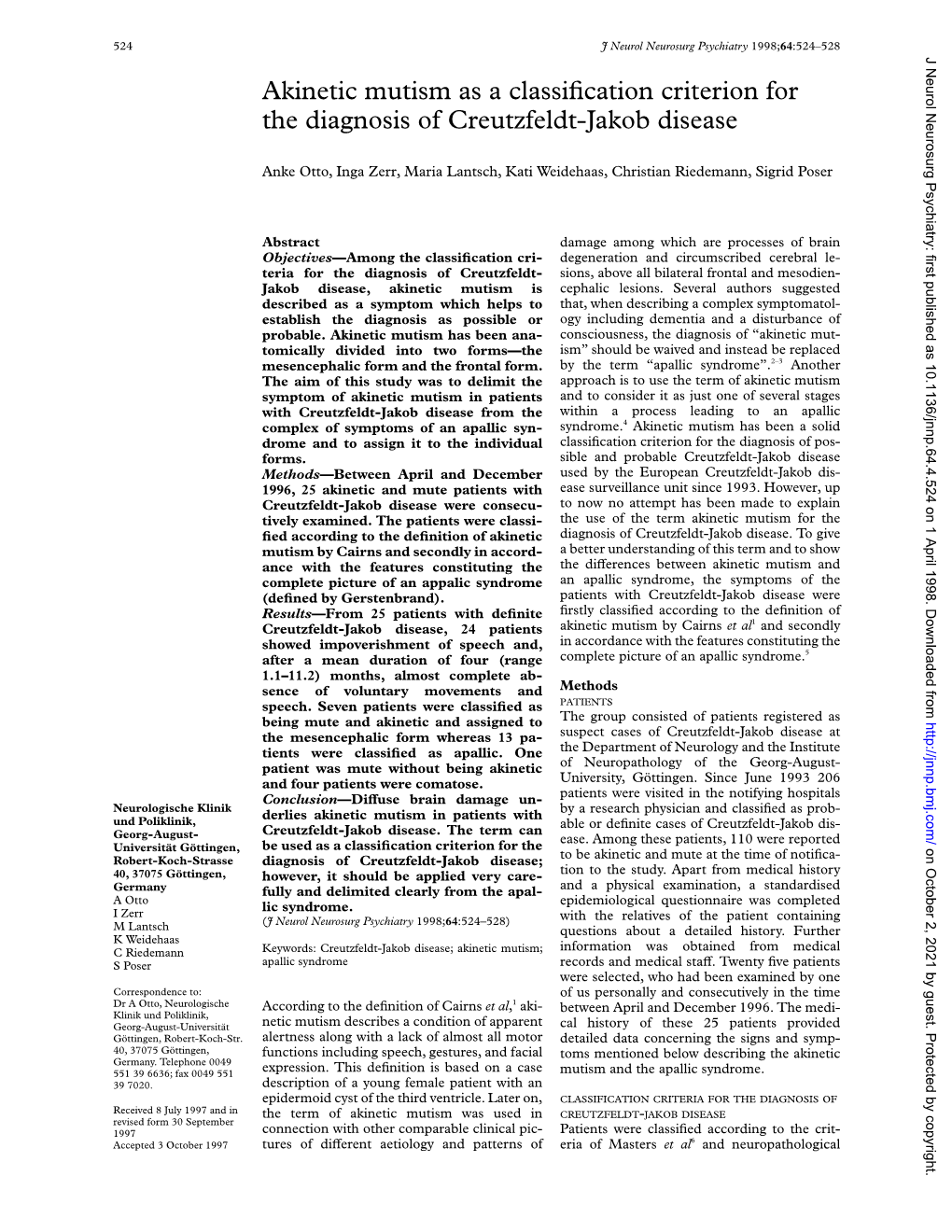 Akinetic Mutism As a Classification Criterion for the Diagnosis Of