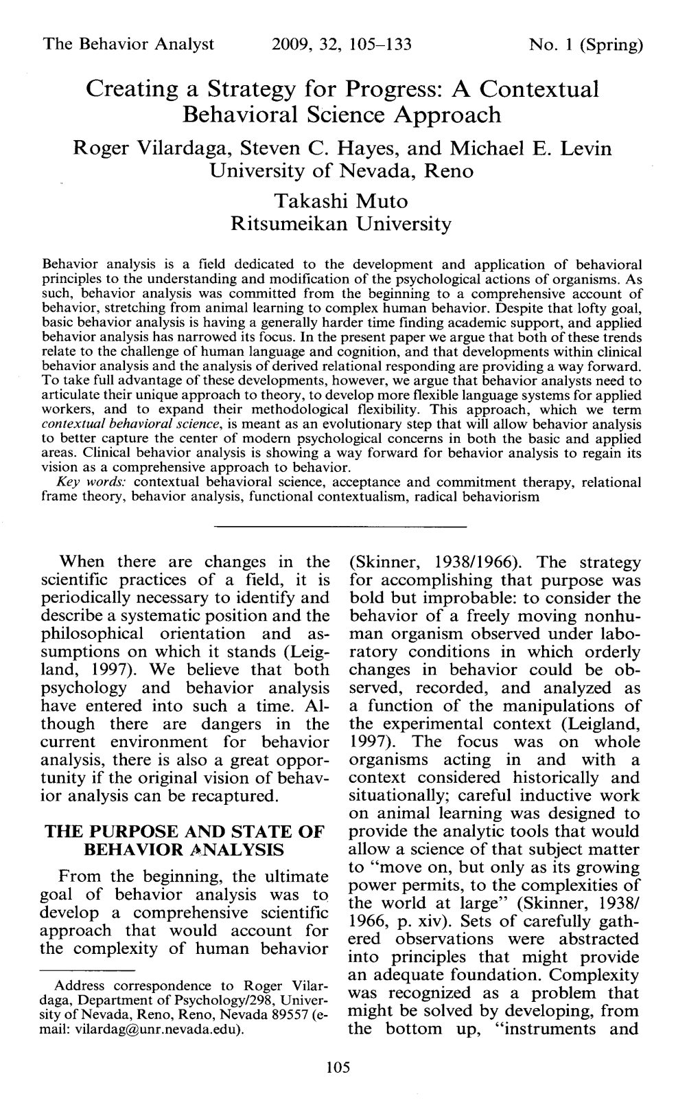 A Contextual Behavioral Science Approach Roger Vilardaga, Steven C