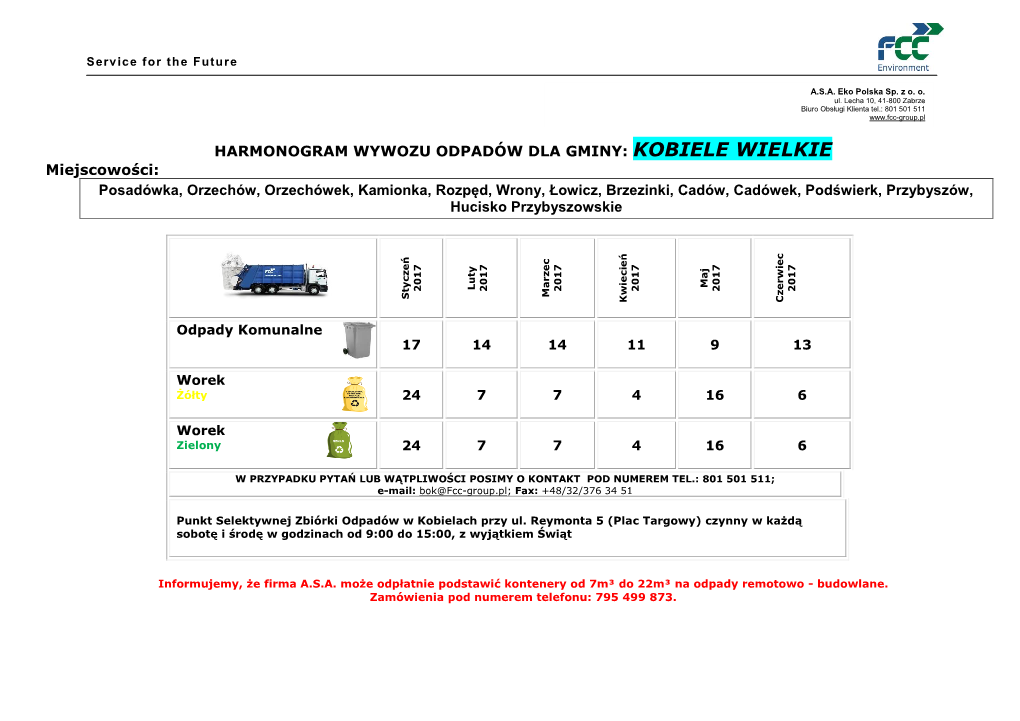 Harmonogram Odbioru Odpadów Z Gm. Kobiele Wielkie Styczeń-Czerwiec 2017R