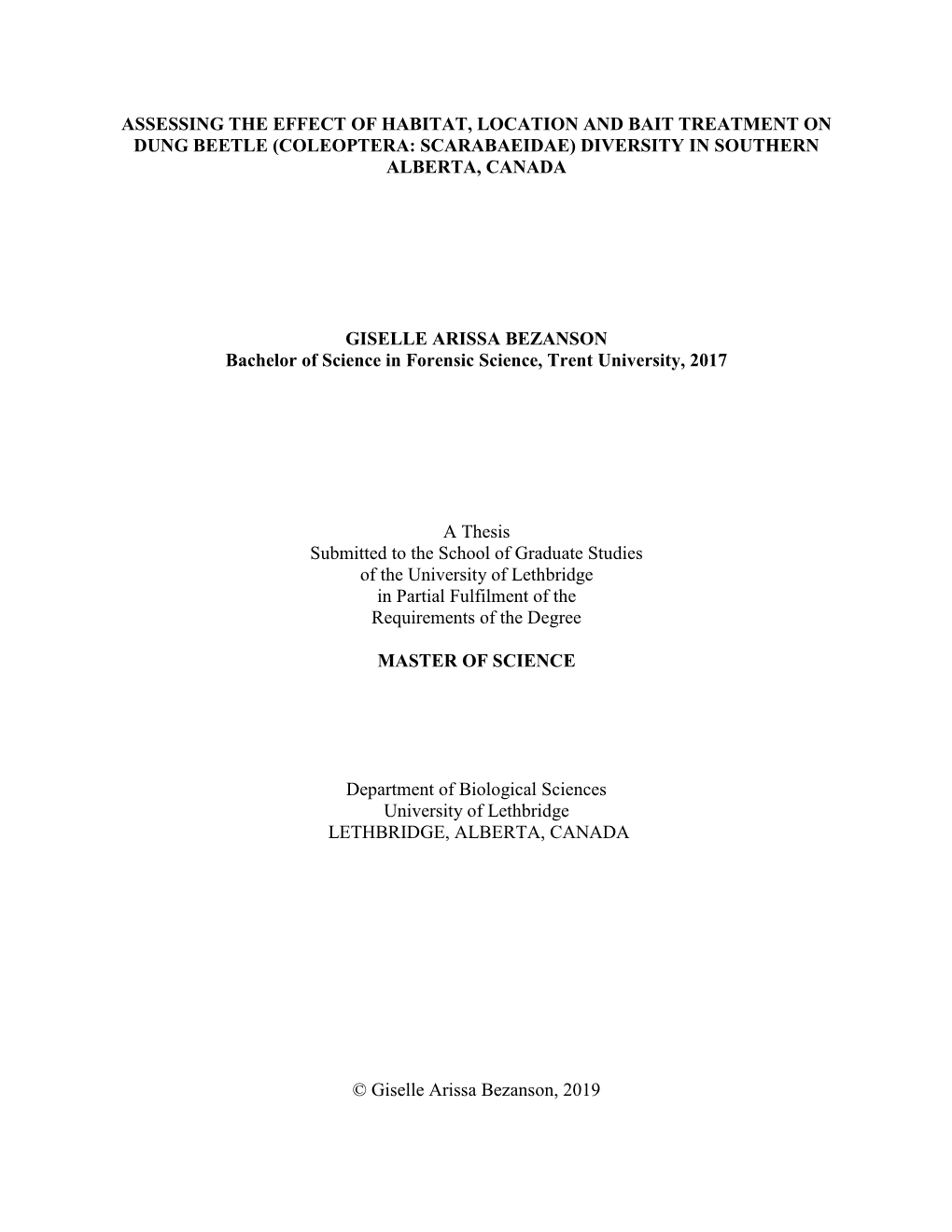 Assessing the Effect of Habitat, Location and Bait Treatment on Dung Beetle (Coleoptera: Scarabaeidae) Diversity in Southern Alberta, Canada