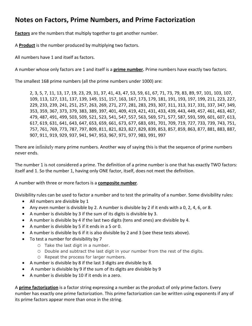 Notes on Factors, Prime Numbers, and Prime Factorization