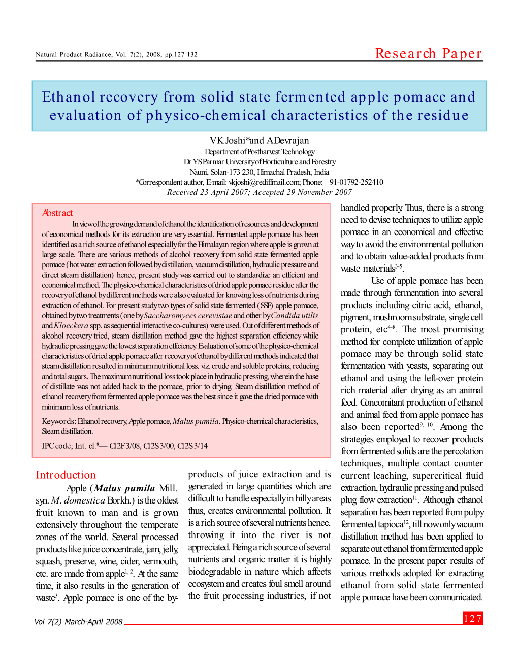 Ethanol Recovery from Solid State Fermented Apple Pomace and Evaluation of Physico-Chemical Characteristics of the Residue