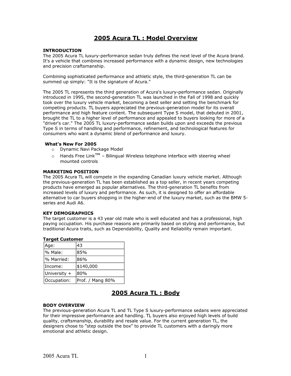 Model Overview 2005 Acura TL