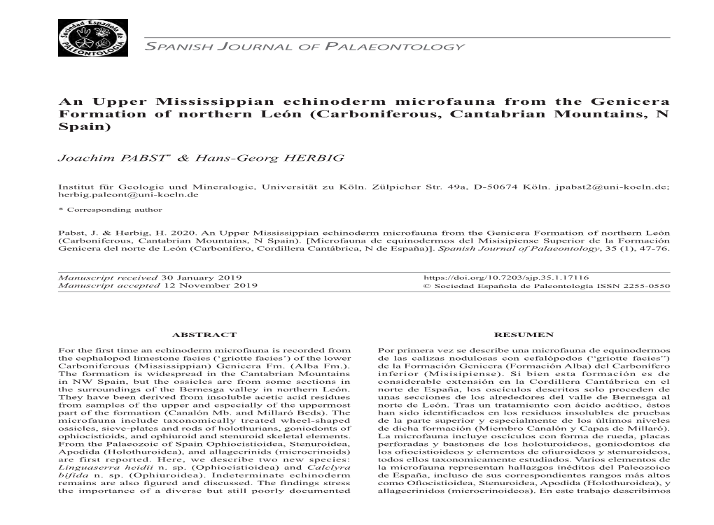 An Upper Mississippian Echinoderm Microfauna from the Genicera Formation of Northern León (Carboniferous, Cantabrian Mountains, N Spain)