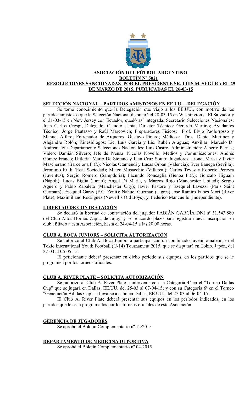 Asociación Del Fútbol Argentino Boletín Nº 5021 Resoluciones Sancionadas Por El Presidente Sr