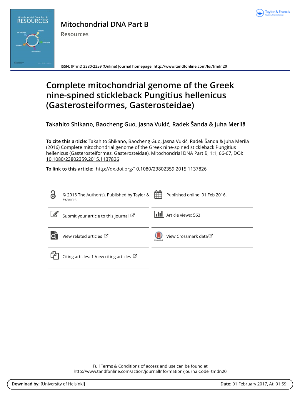 Complete Mitochondrial Genome of the Greek Nine-Spined Stickleback Pungitius Hellenicus (Gasterosteiformes, Gasterosteidae)