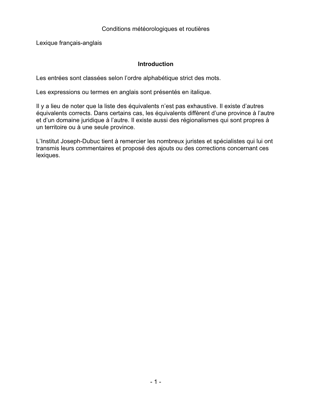 Conditions Météorologiques Et Routières Lexique Français-Anglais Introduction Les Entrées Sont Classées Selon L'ordre Al