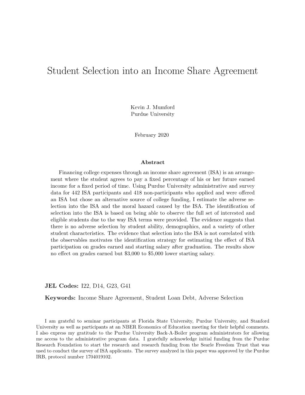 Student Selection Into an Income Share Agreement