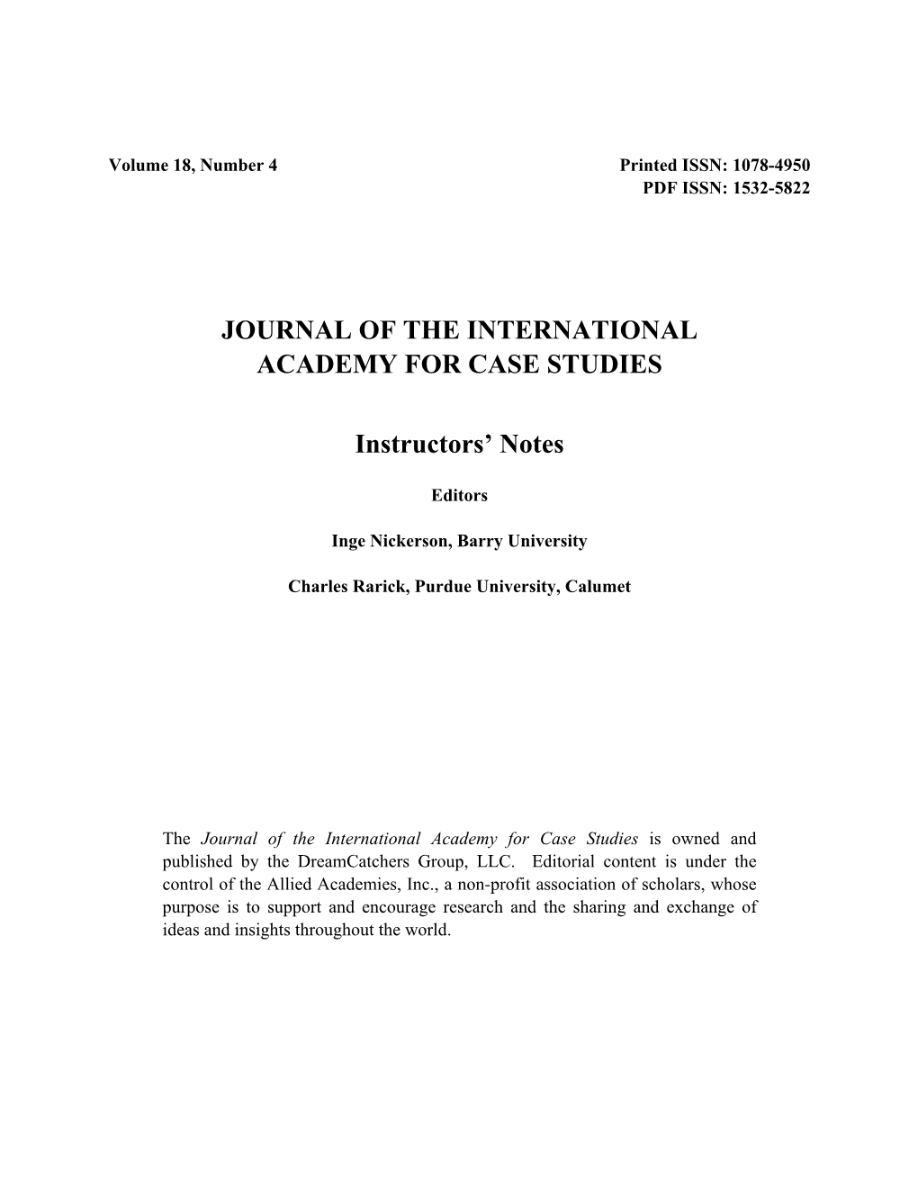 Journal of the International Academy for Case Studies