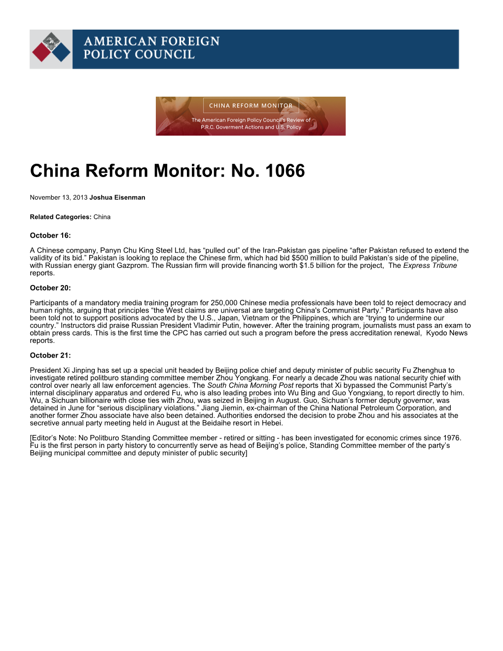 China Reform Monitor: No. 1066 | American Foreign Policy Council