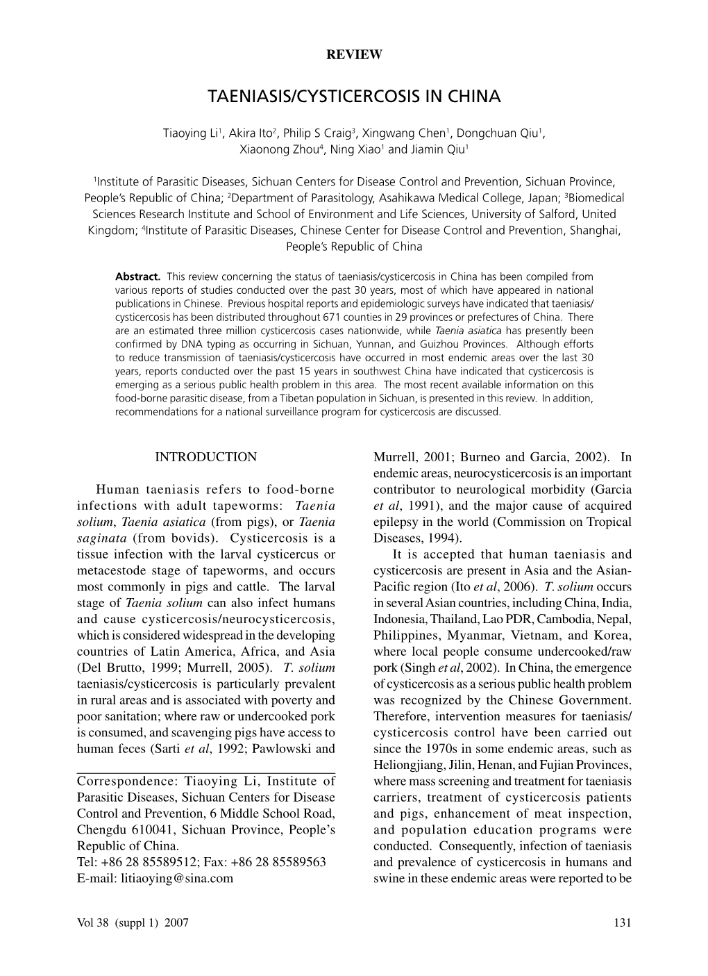 Taeniasis/Cysticercosis in China