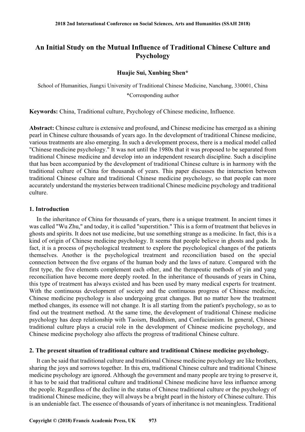 An Initial Study on the Mutual Influence of Traditional Chinese Culture and Psychology