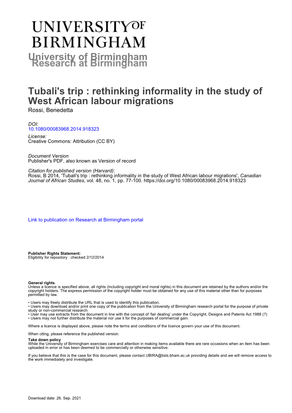 Rethinking Informality in the Study of West African Labour Migrations Rossi, Benedetta