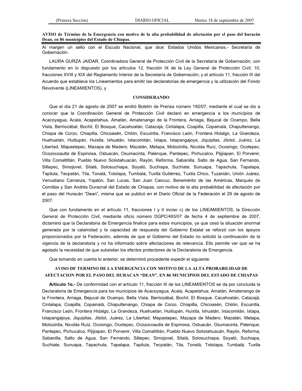 DIARIO OFICIAL Martes 18 De Septiembre De 2007 AVISO De