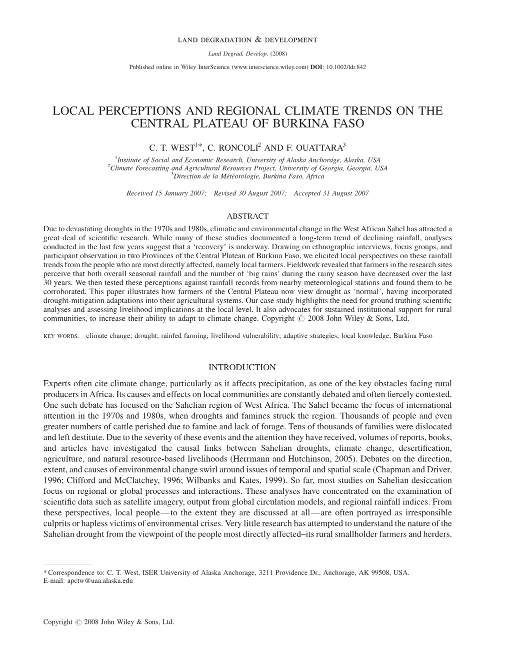 Local Perceptions and Regional Climate Trends on the Central Plateau of Burkina Faso