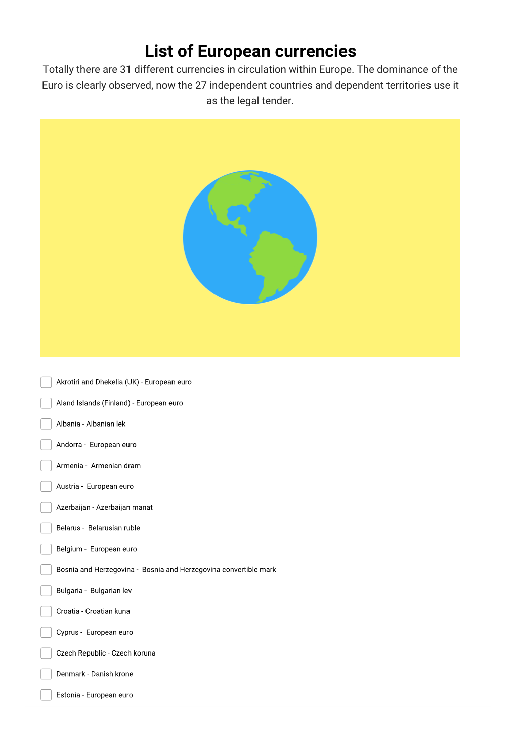 List of European Currencies Totally There Are 31 Different Currencies in Circulation Within Europe