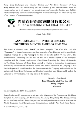 Announcement of Interim Results for the Six Months Ended 30 June 2014