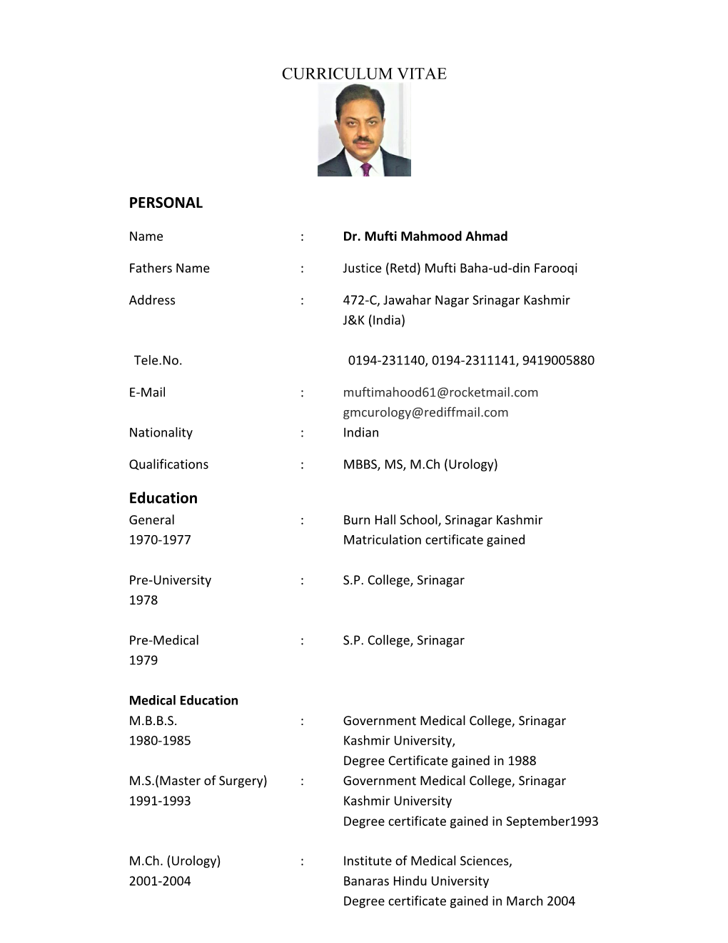 CURRICULUM VITAE PERSONAL Education