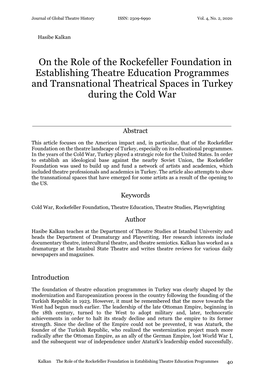 On the Role of the Rockefeller Foundation in Establishing Theatre Education Programmes and Transnational Theatrical Spaces in Turkey During the Cold War