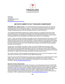 Jim Furyk Commits to 2017 Travelers Championship