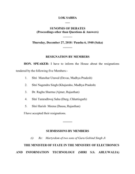 LOK SABHA ___ SYNOPSIS of DEBATES (Proceedings Other Than Questions & Answers) ___Thursday, December 27, 2018 / Pausha 6