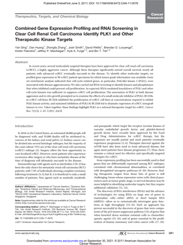 Combined Gene Expression Profiling and Rnai Screening in Clear Cell Renal Cell Carcinoma Identify PLK1 and Other Therapeutic Kinase Targets