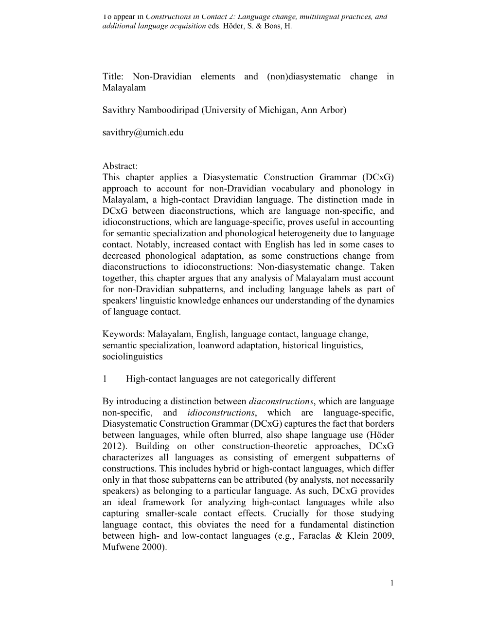 Non-Dravidian Elements and (Non)Diasystematic Change in Malayalam