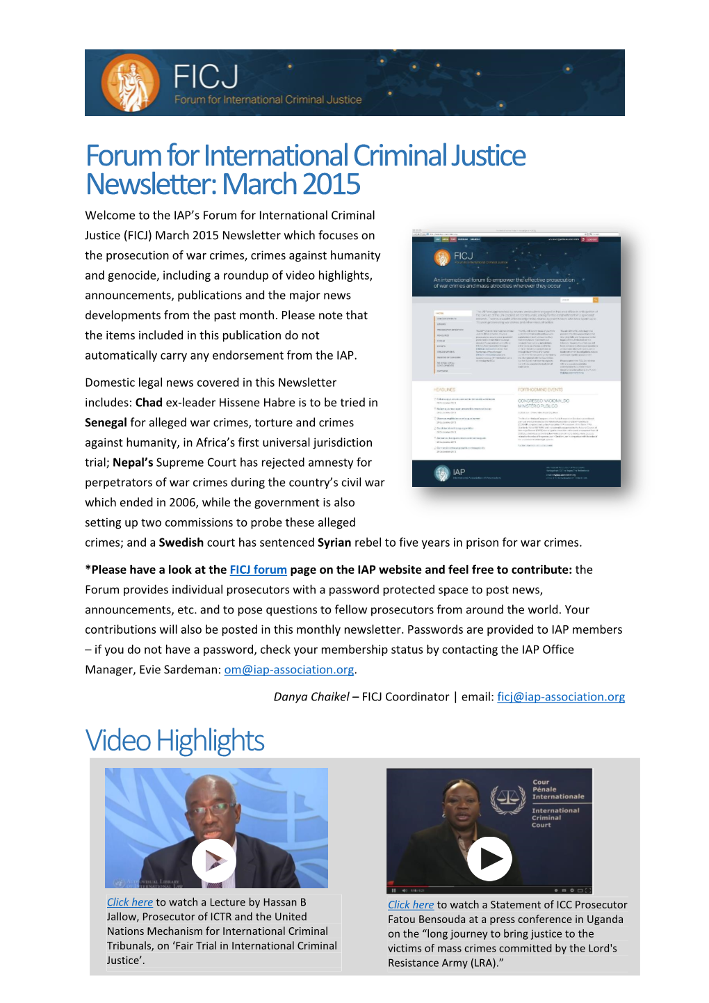 Forum for International Criminal Justice Newsletter: March 2015