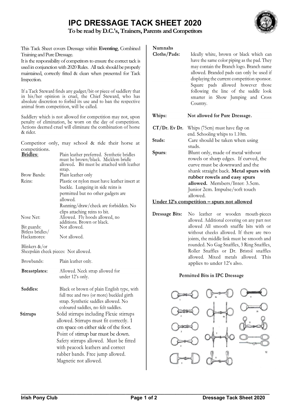 IPC DRESSAGE TACK SHEET 2020 to Be Read by D.C.'S, Trainers, Parents and Competitors